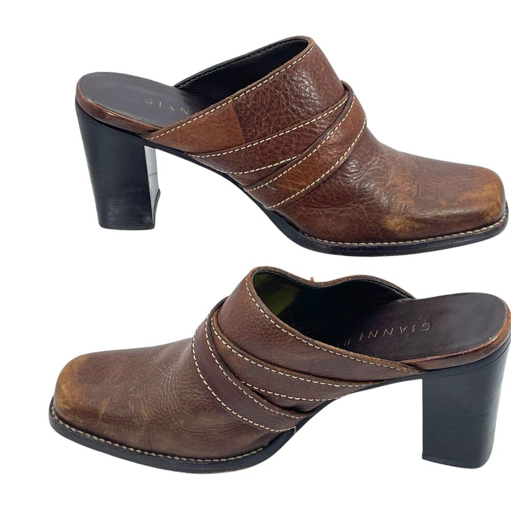 Gianni Bini | Brown Leather Buckle Accent Heeled Mules | Size 6 - Picture 2 of 7